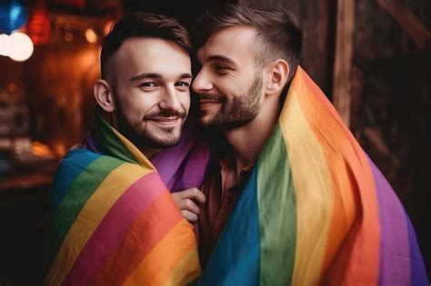 Premium Ai Image Gay Couple Hugging With Rainbow Flag
