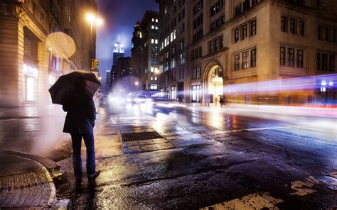 Rain Umbrella Long Exposure City Road Car Lights Wallpapers Hd