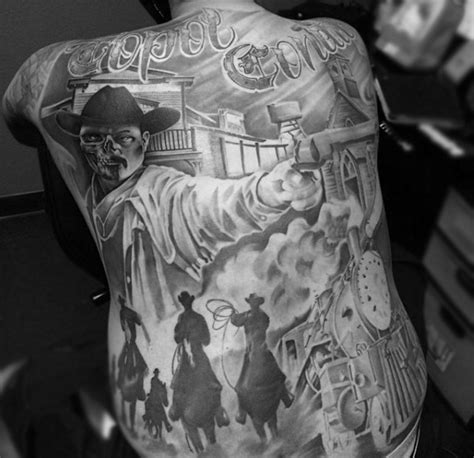 Incredible Very Detailed Black And White Western Themed Tattoo On Whole