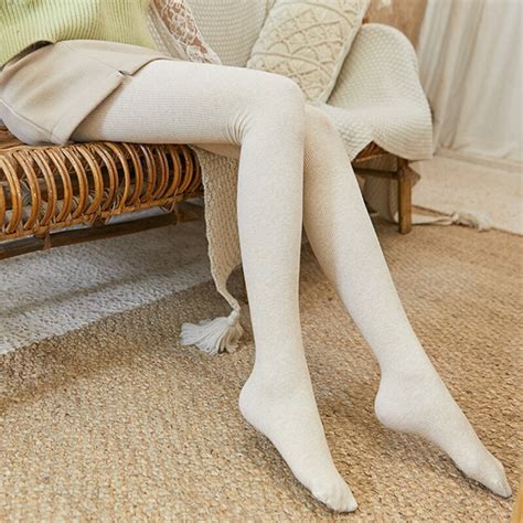 Oatmeal Vertical Stripe Pantyhose Tights Winter Warm Leggings For Women Girls Cotton Slim Casual
