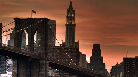 Download Wallpaper 1920x1080 New York Bridge Sunset Lights