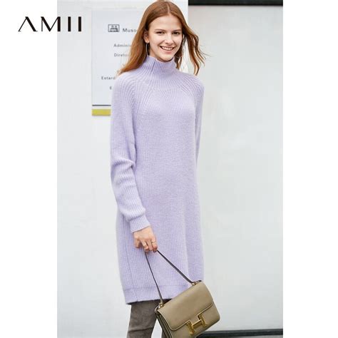 Amii Minimalist Knitted Dress Women Autumn Chic Slits Loose Turtlencek Solid Warm Female Dresses