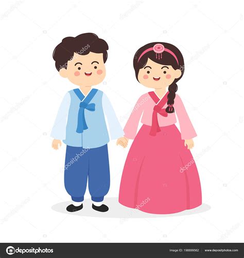 Cute Korean Hanbok Couple Traditional Clothes Costume Cartoon Vector