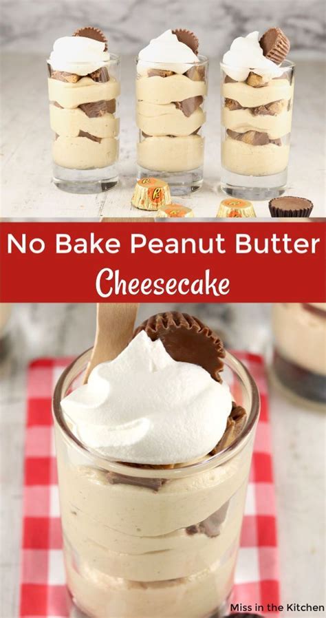 No Bake Peanut Butter Cheesecake Trifle In A Glass With The Title Above It