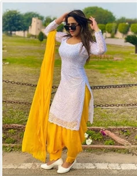Premium Punjabi Salwar Kameez Bollywood Style Readymade Kurtiwomen Indian Straight White Yellow