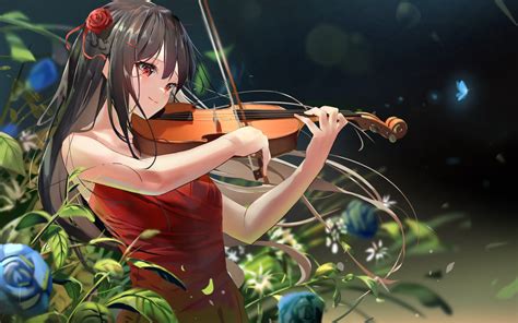 Anime Girl In A Red Dress Playing The Violin Fondo De Pantalla Hd