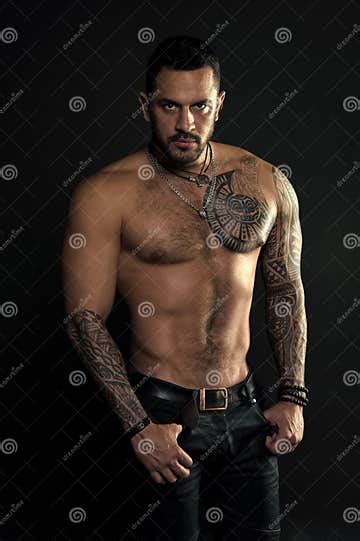 Sport And Fitness Masculinity Muscular Torso Jewelry For Real Men Bearded Man With Tattooed
