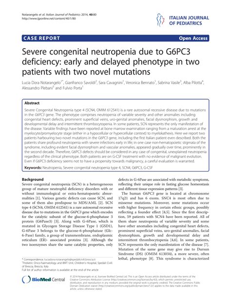 Pdf Severe Congenital Neutropenia Due To G6pc3 Deficiency Early And