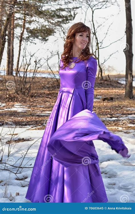Beautiful Brunette Woman In Purple Long Dress Stock Image Image Of