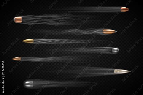 Vetor De Realistic Flying Bullet With Smoke Trace Isolated A Set Of