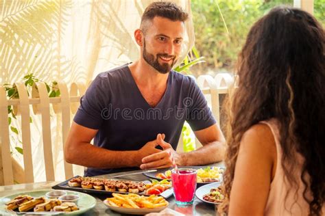 Indian Couple Eating In Summer Tropical Cafe Focus On Man Stock Image Image Of Attractive