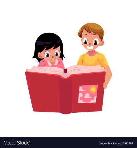 Two Happy Kids Children Reading Book Together Vector Image