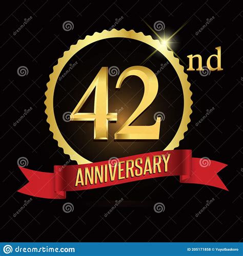 42nd Golden Anniversary Logo With Shiny Ring Red Ribbon Stock Vector