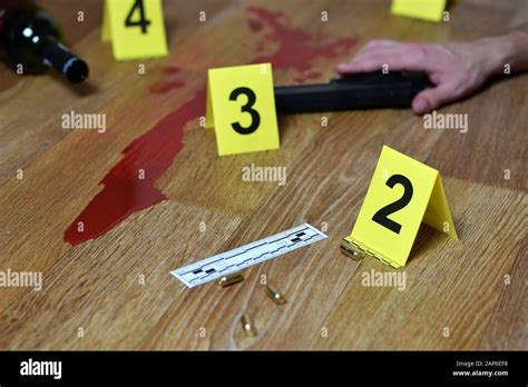 Bloody Crime Scene With Dead Body And Gun On Floor Many Crime Scene