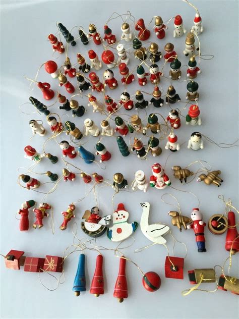 Vintage Christmas Miniature Wooden Ornaments Lot Of 90 Wooden