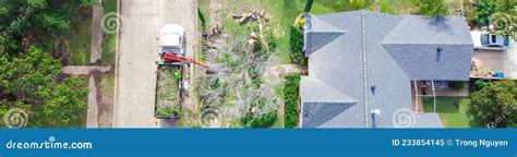 Panoramic Aerial View Working Truck With A Lift Cutting Down Tree At
