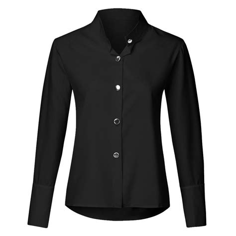 Buy Women Stand Collar Long Sleeve Metal Button Solid Casual Blouse