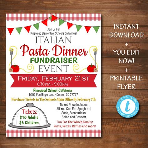 Editable Spaghetti Dinner Fundraiser Flyer Pto Pta Church Community