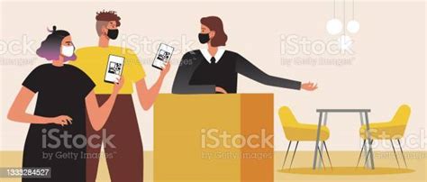 Lgbtq Couple With Qr Code Restaurant Reservation Flat Vector Stock Illustration With Food For