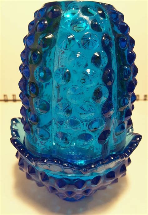 Vintage Fenton Glass Company Blue Glass Hobnail Fairy Lamp Candle Holder Lamp Candle Holder