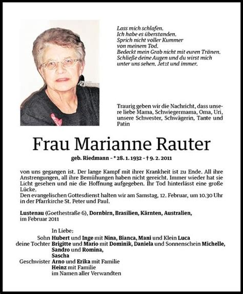 Todesanzeigen Von Claudia Barbara Rauter Todesanzeigen Vorarlberger