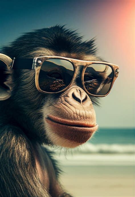 Portrait Of Monkey In Sunglasses At The Resort Ai Generated Stock