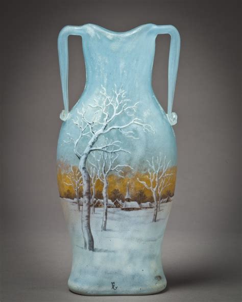 Daum Nancy Enameled Cameo Dutch Winter Landscape Two Handled Vase