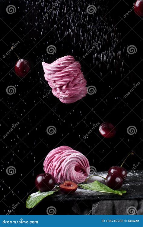 Berry Zephyr Sugar Powder And Cherries Are Flying Stock Photo Image