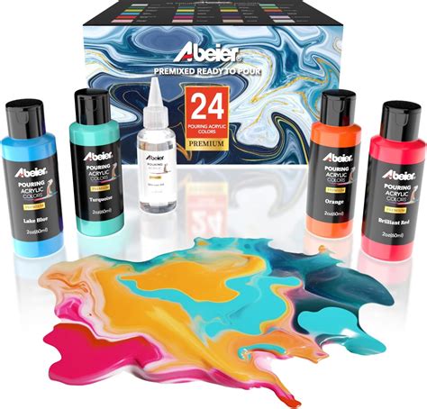 Abeier Acrylic Pouring Paint 2oz Bottles Set Of 24 Assorted Colors And Silicone