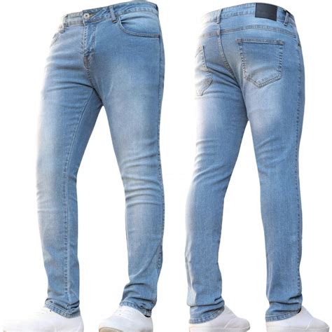 Enzo Mens Designer Stretch Super Skinny Denim Jeans Light Stonewash Blue