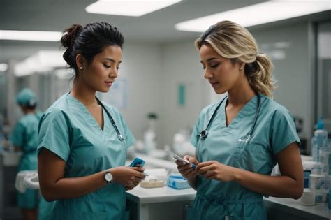 Premium Photo Two Female Nurses Working At The Clinic In Scrubs