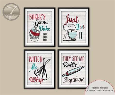 Funny Kitchen Art Set Red Teal Faux Wood Cupcake Whisk Etsy