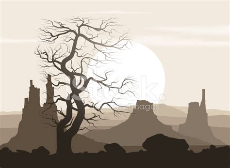 Lifeless Landscape With Old Huge Tree And Mountains Over Sunset Stock