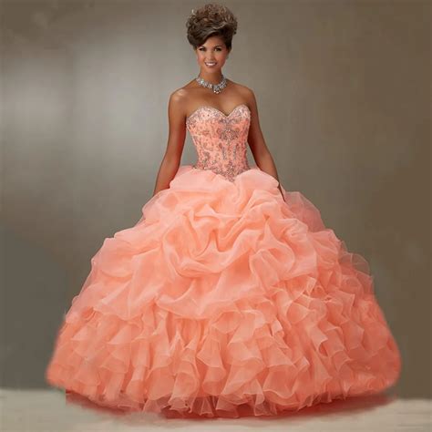 Vestidos De Anos Ball Gown Sweetheart Ruffle Organza Puffy Formal Plus Size Peach Coral