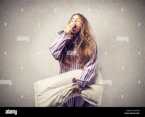 Sleepy Woman With Pillow Stock Photo Alamy