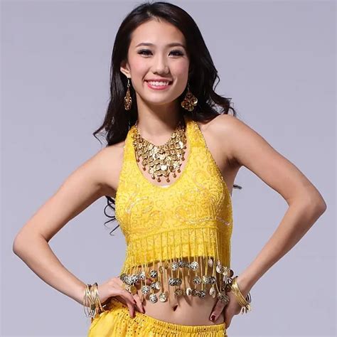 Womens Belly Dance Costume Mesh Hanging Coins Tops Belly Dancing Glassbeads Bandage Chest Pad