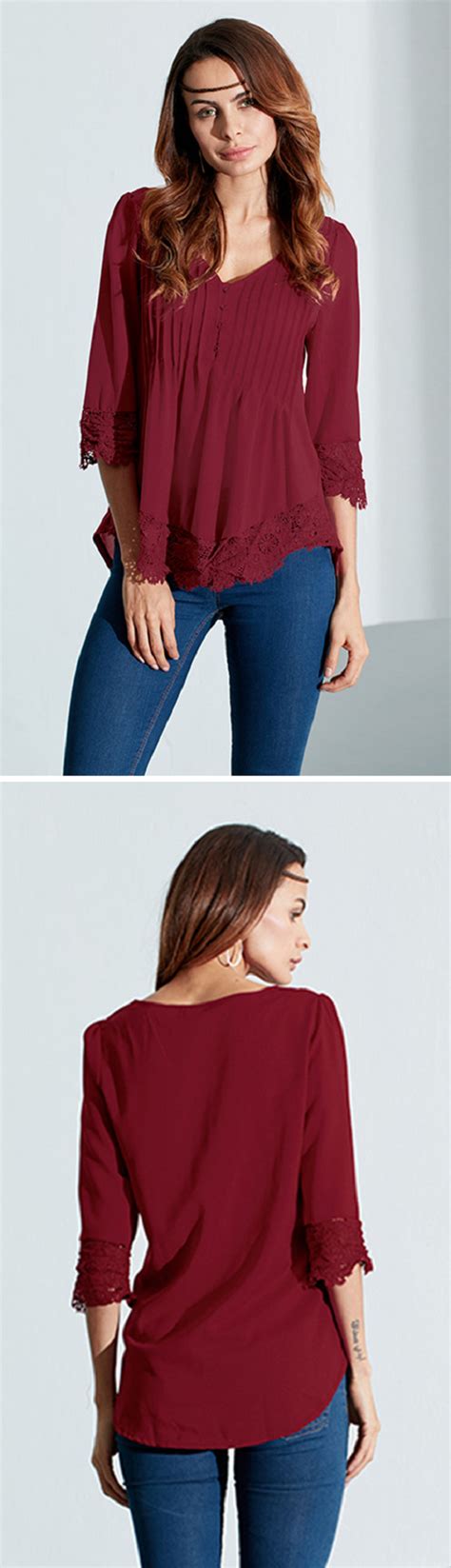 Us 1081 Sexy Casual V Neck Lace Crochet 34 Sleeve Slim Blouse For Women Casual Outfits Cute