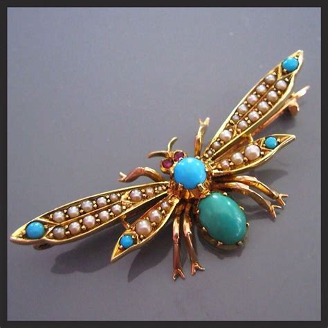 Antique Victorian 15ct Gold TURQUOISE Seed Pearls RUBY Brooch Insect