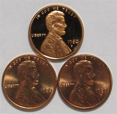 1980 Pdands Lincoln Memorial Cents Two In Red Bu And One Proof For