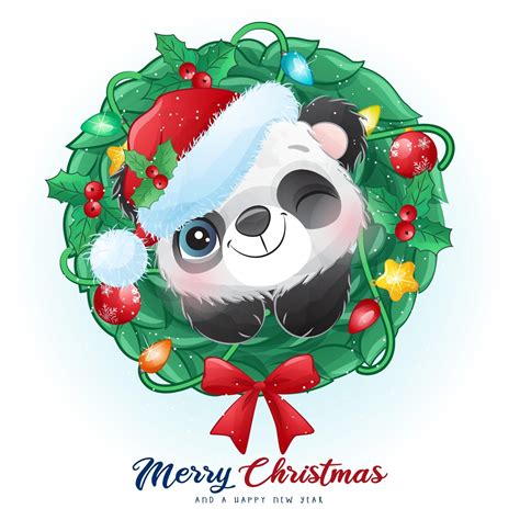 Cute Doodle Panda For Christmas Day With Watercolor Illustration