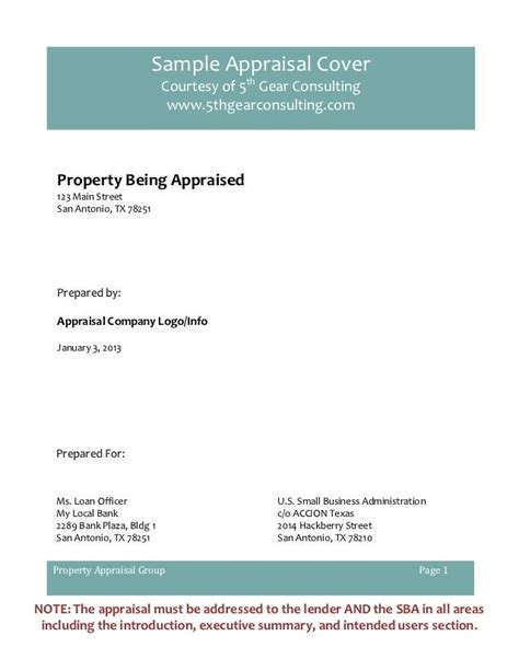 Sample Appraisal Cover For Sba Purposes