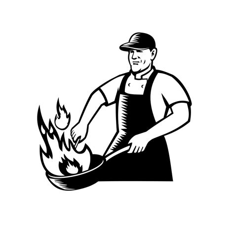 Chef Cooking Flaming Pan Black And White Vector Art At Vecteezy