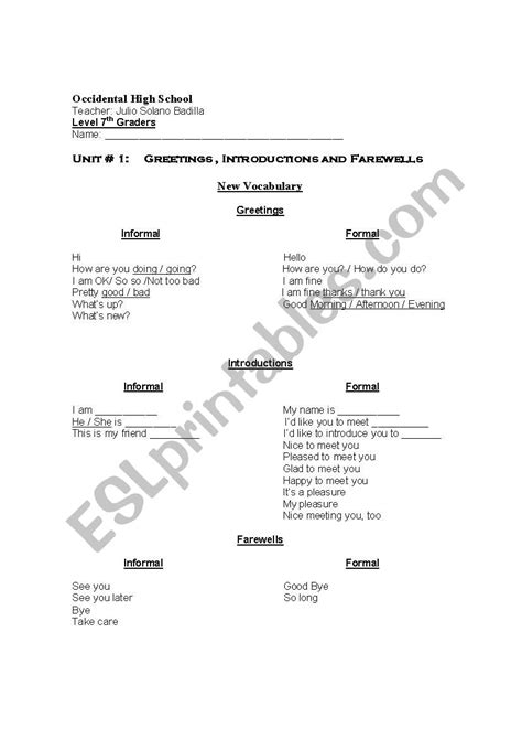 English Worksheets Greetings Introductions And Farewells