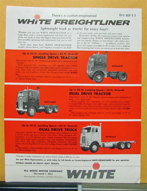 1965 1966 White Freightliner Truck Model Wft 6342t 7564t 6364 Sales