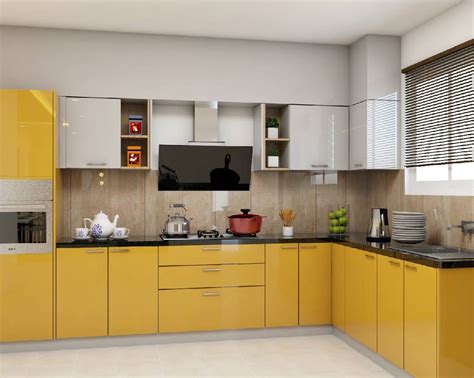 Modular Spacious Kitchen Cabinet Design With Yellow And White Laminate