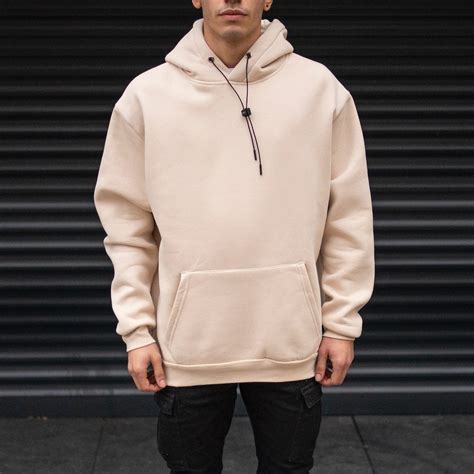 Mens Oversize Basic Hoodie Sweatshirt With Kangaroo Pocket In Cream