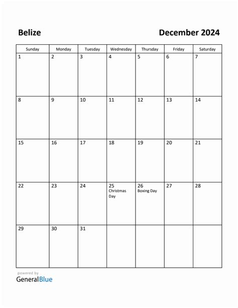 Free Printable December 2024 Calendar For Belize