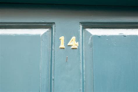 House Number 14 Sign On Blue Painted Door Stock Photo Image Of Fixed