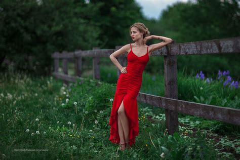 Wallpaper Mihail Gerasimov Fence Red Dress Nature Women Outdoors