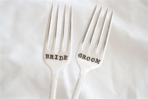 Bride And Groom Wedding Cake Fork Set Hand Stamped T Etsy Groom